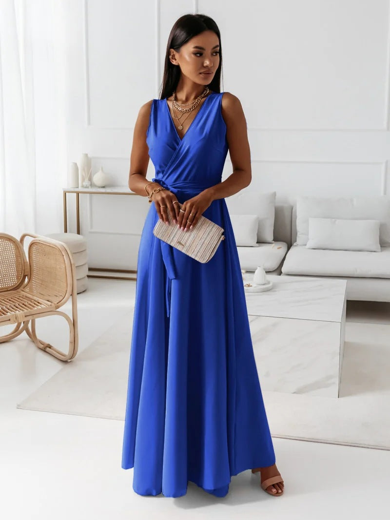 Wavlynn Dame sleeveless V-neck maxi dress elegant tailored waist long gown for weddings and galas