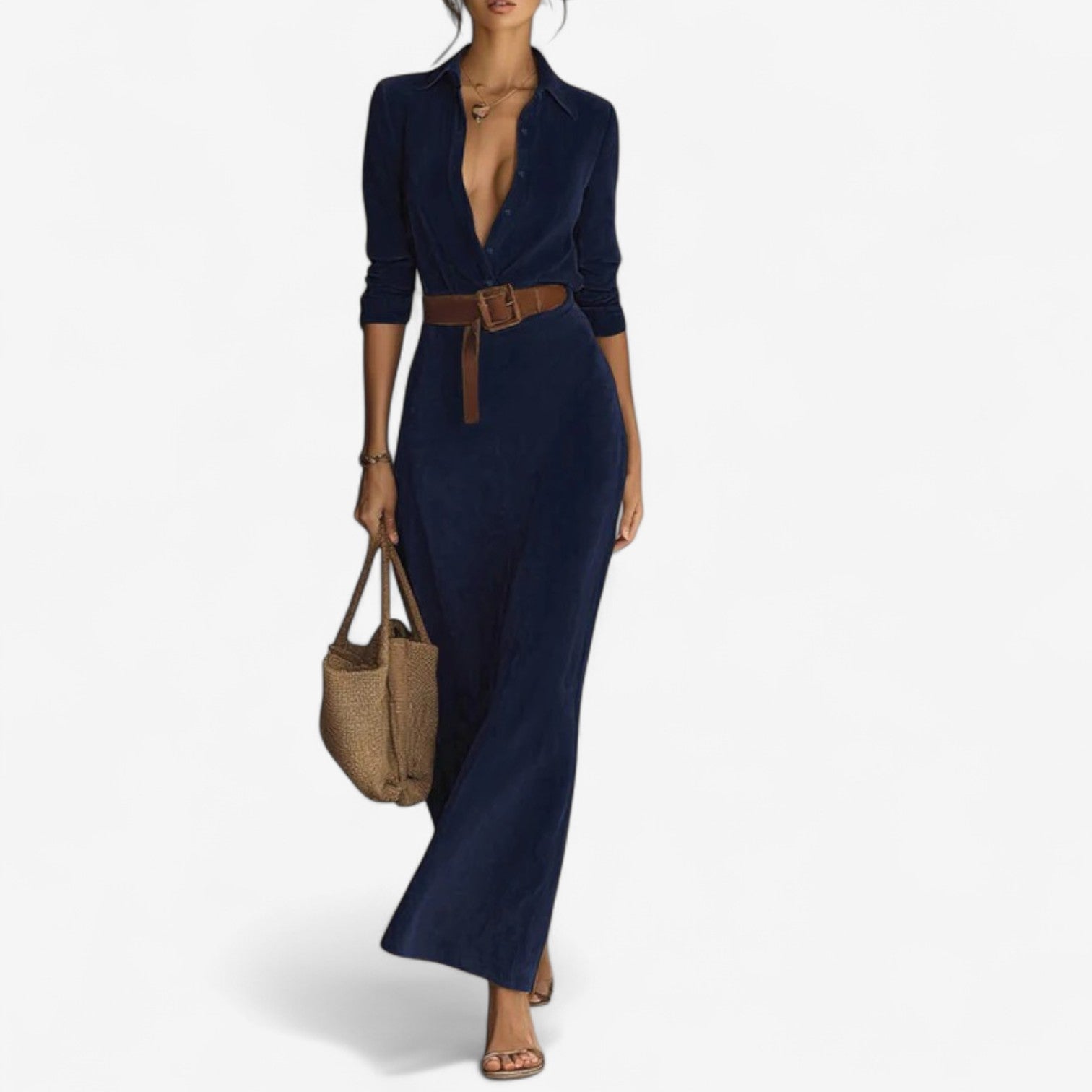 Valeria minimalist maxi dress in neutral tone, flowing lightweight fabric with sleek unembellished silhouette