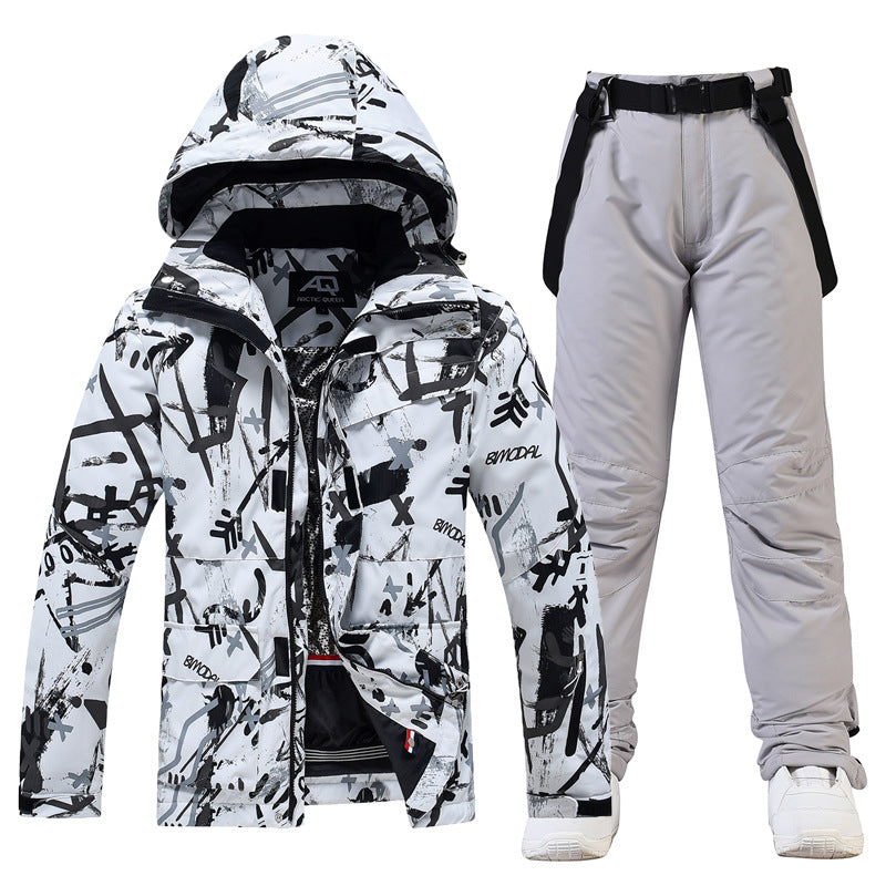 Men's relaxed fit two-piece ski suit with hooded jacket, suspenders, water-resistant winter snow set