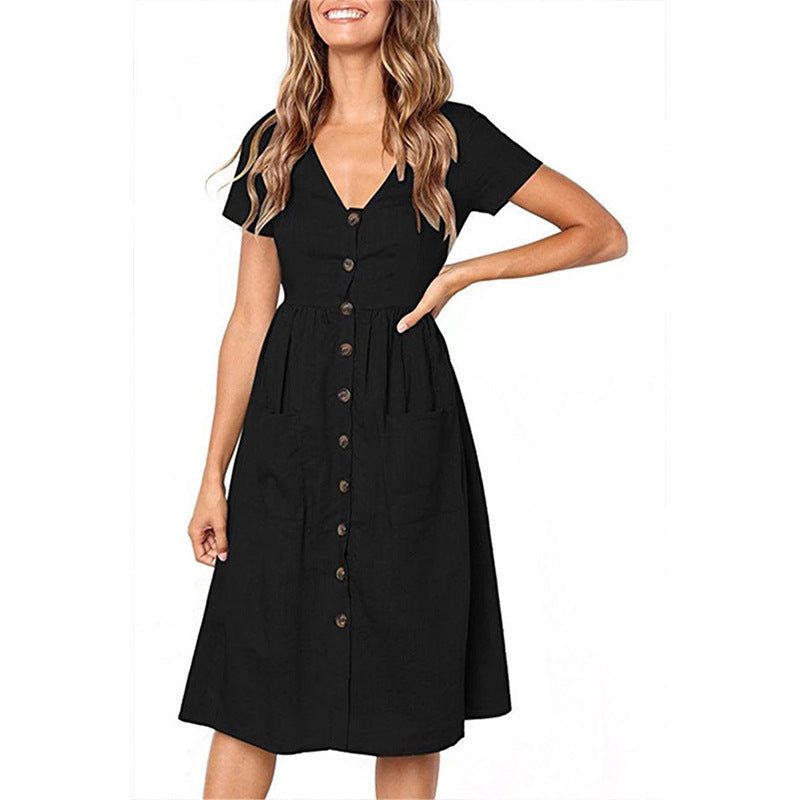 Women's sage green A-line midi dress, V-neck button-front short sleeve cotton blend with pockets