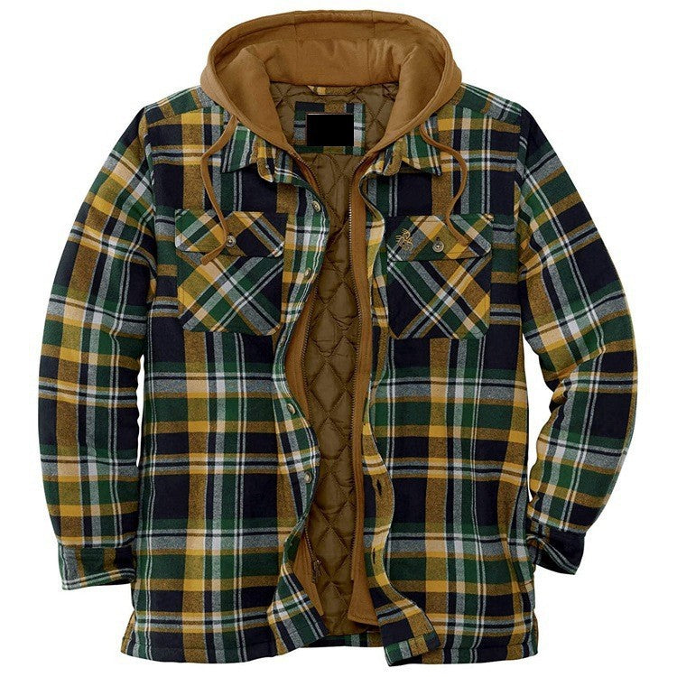 Men's plaid hooded jacket quilted lining thick cotton relaxed fit casual winter coat