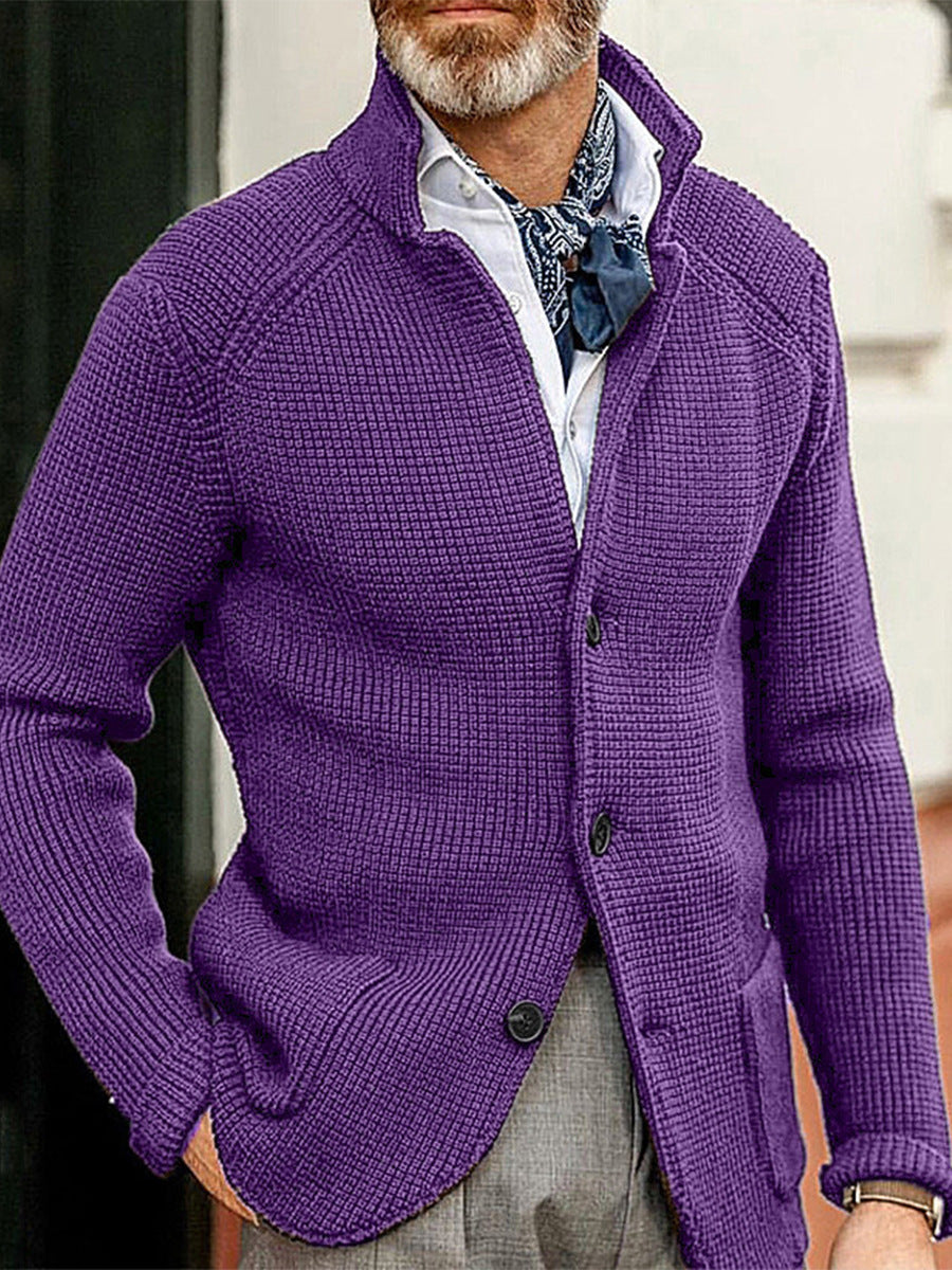 Men's slim fit textured knit cardigan with stand collar and patch pockets for layering