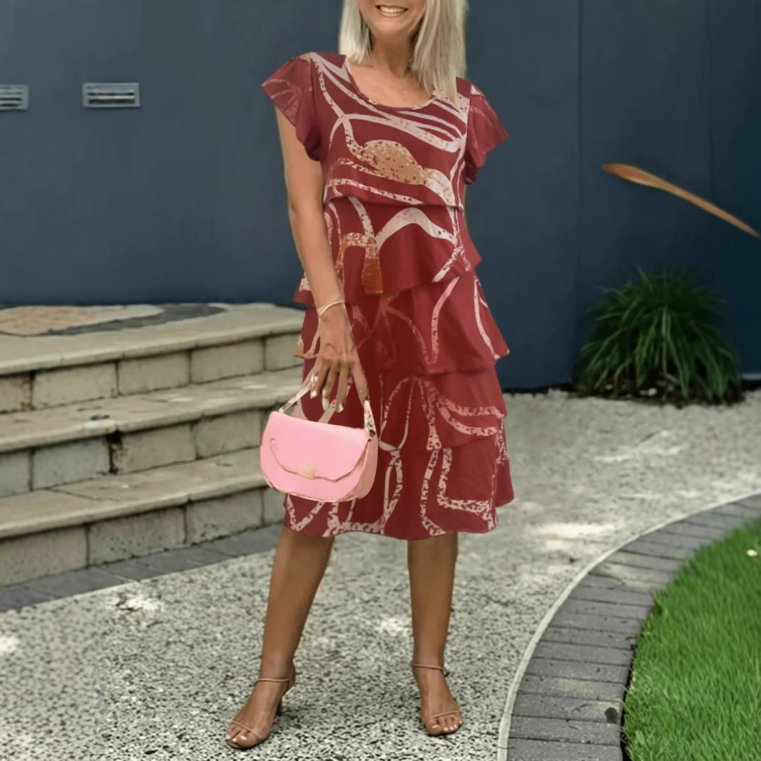 Women's floral midi dress relaxed fit with tiered ruffles and delicate flutter sleeves