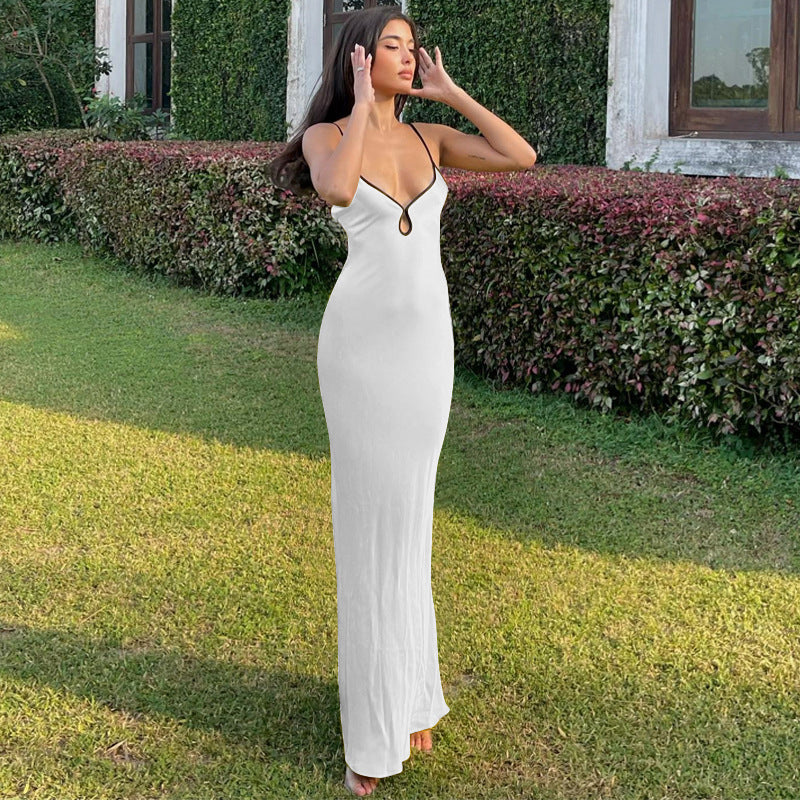 Women's satin slip dress slim fit strap sleeves keyhole detail elegant evening wear