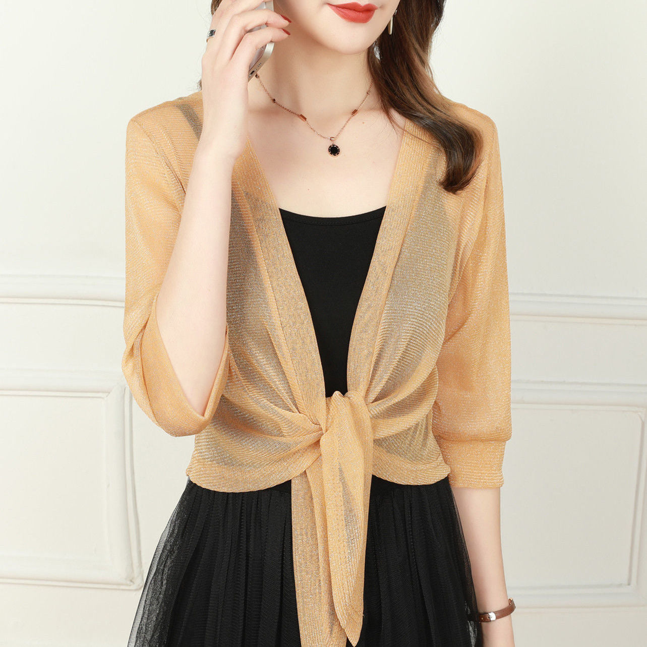 Women's sheer ivory cardigan open front tie waist lightweight cover up layering top