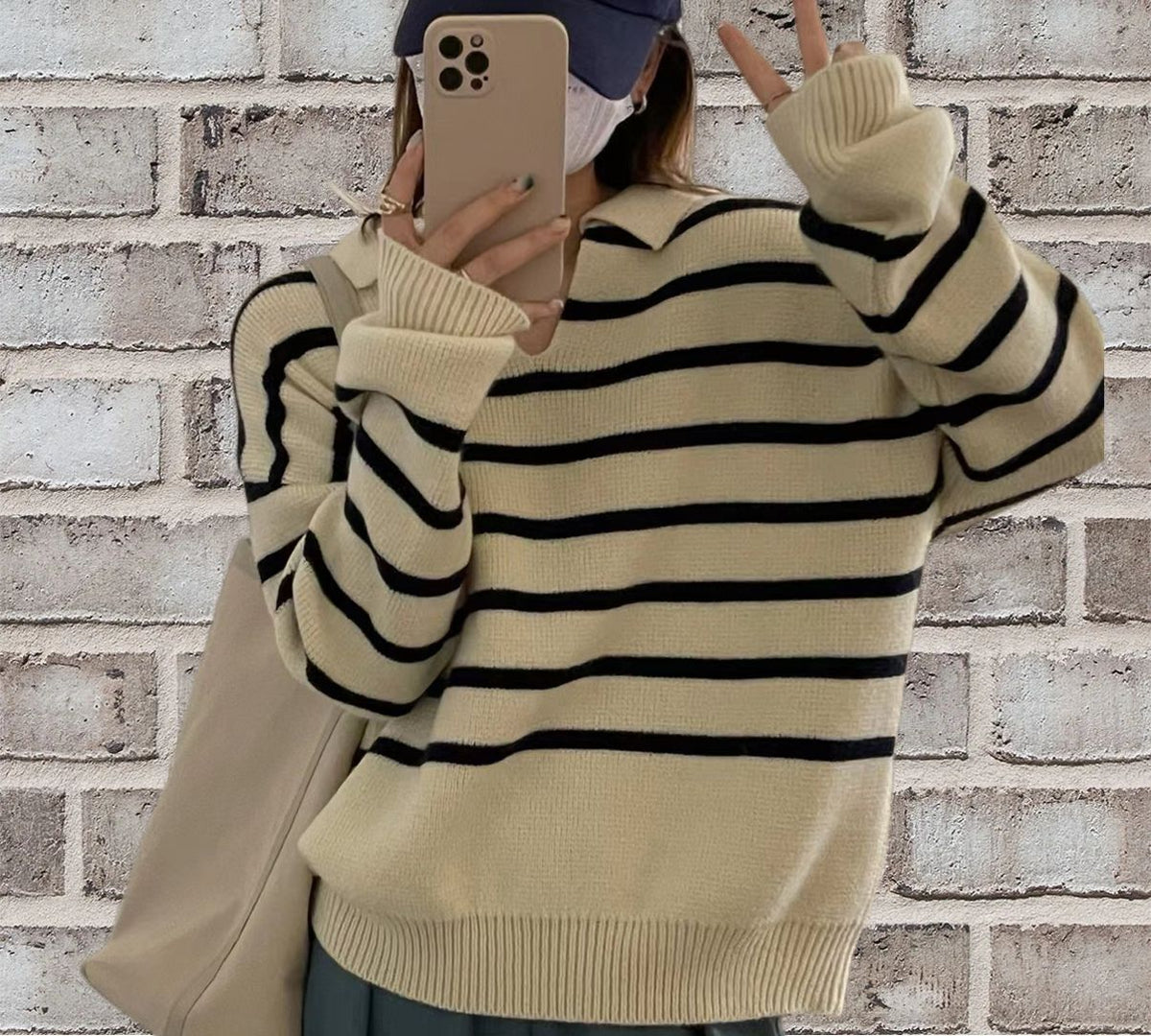 Women's wool knit striped pullover sweater V-neck relaxed fit casual cozy style