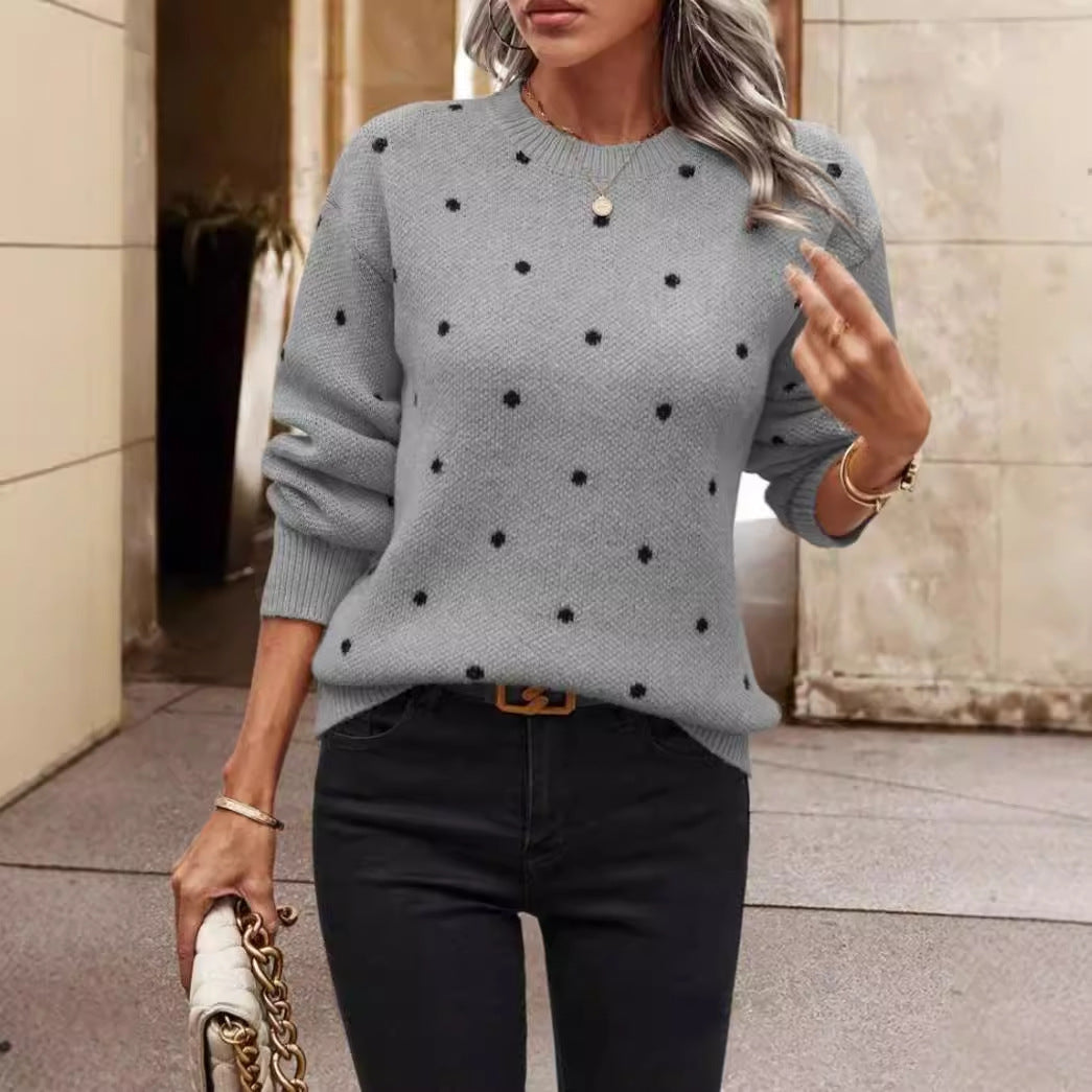 Women's relaxed-fit wool-blend knit sweater with timeless polka dot pattern for cozy everyday chic