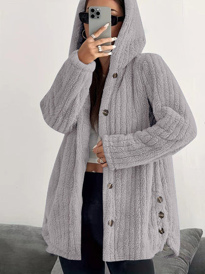 Kendall™ women's hooded cardigan in plush fabric with relaxed fit and cozy winter style
