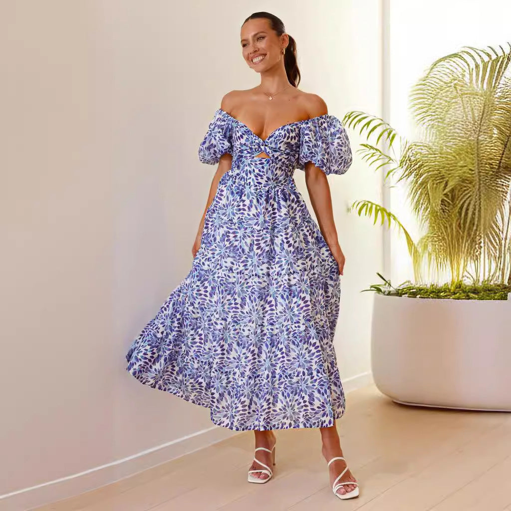 Printed maxi dress with off-shoulder neckline, puff sleeves, and smocked waist for women