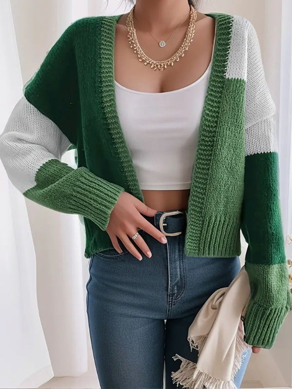 Women's short fit V-neck wool blend cardigan with color block pattern, casual to dressy versatile layer