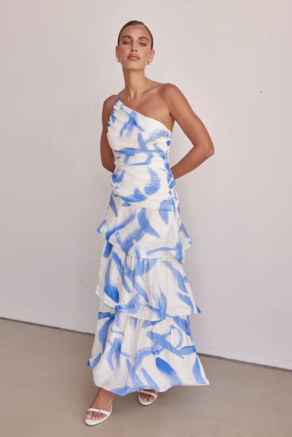 Wavlynn women's maxi dress one-shoulder ruched bodice tiered A-line skirt elegant summer
