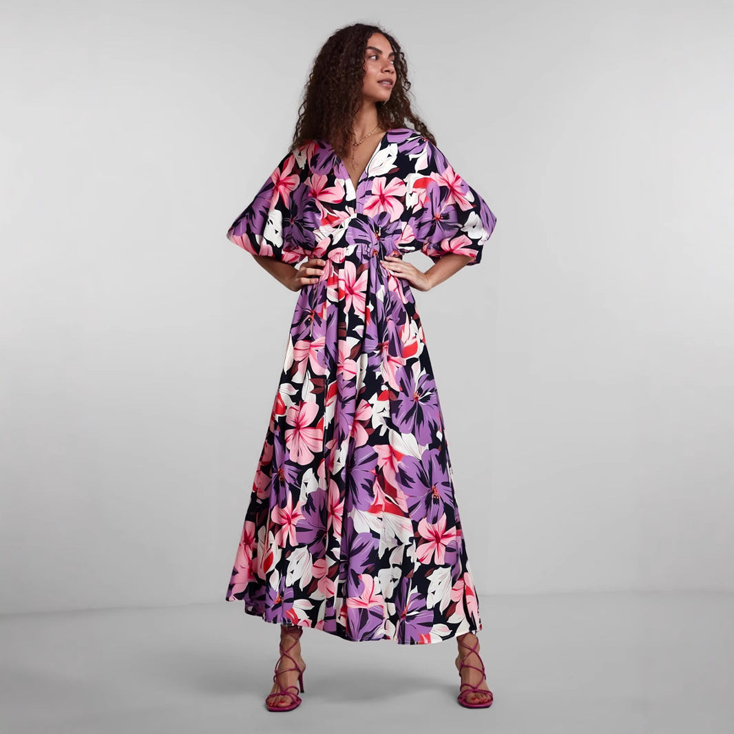 Wavlynn floral print maxi dress high waist V-neck loose fit with side slit summer cotton blend