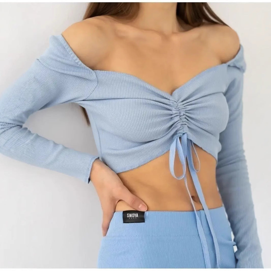 Women's cropped rib knit blouse tie front V-neck slim fit long sleeves Nordic-Flair