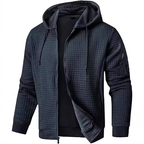 Men's hooded quilted bomber jacket zip front waffle-knit texture all-season layering piece