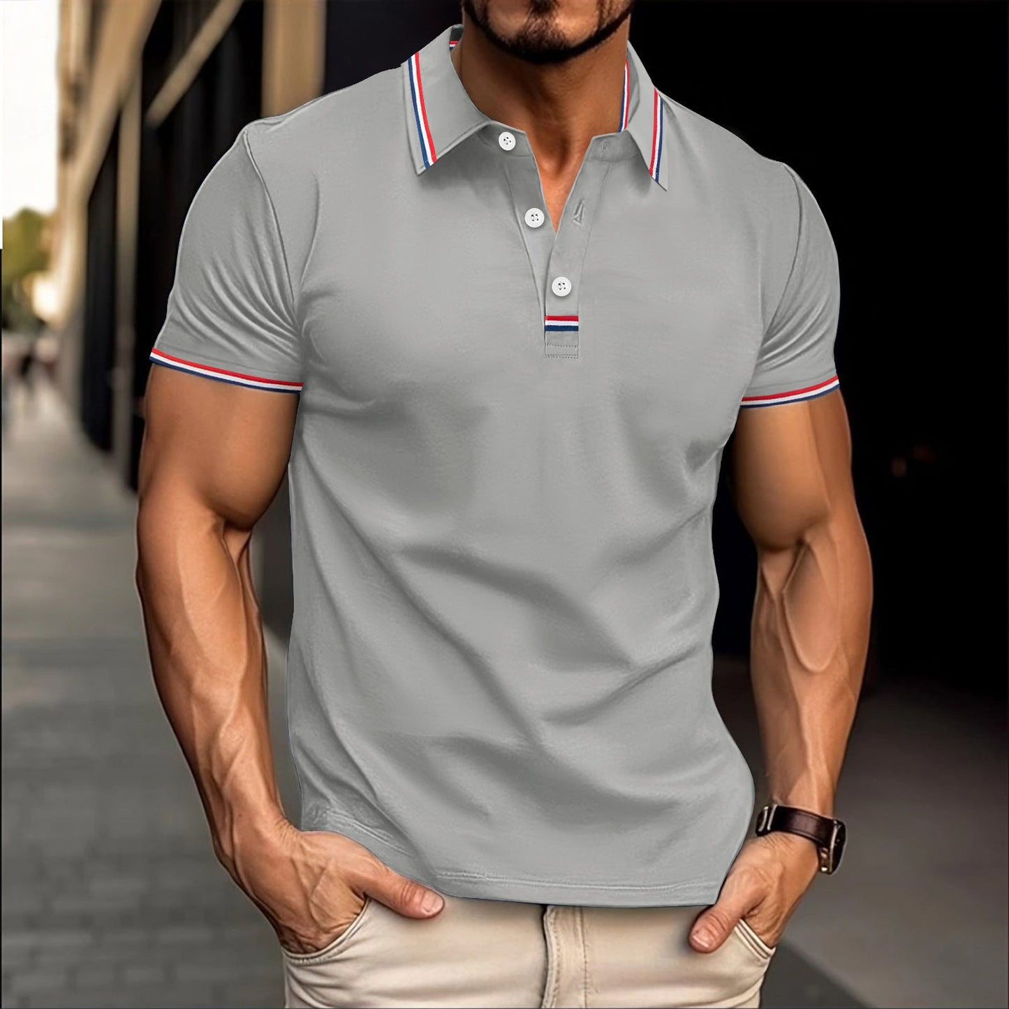 Men's slim fit cotton blend polo shirt with ribbed collar and button placket in classic style