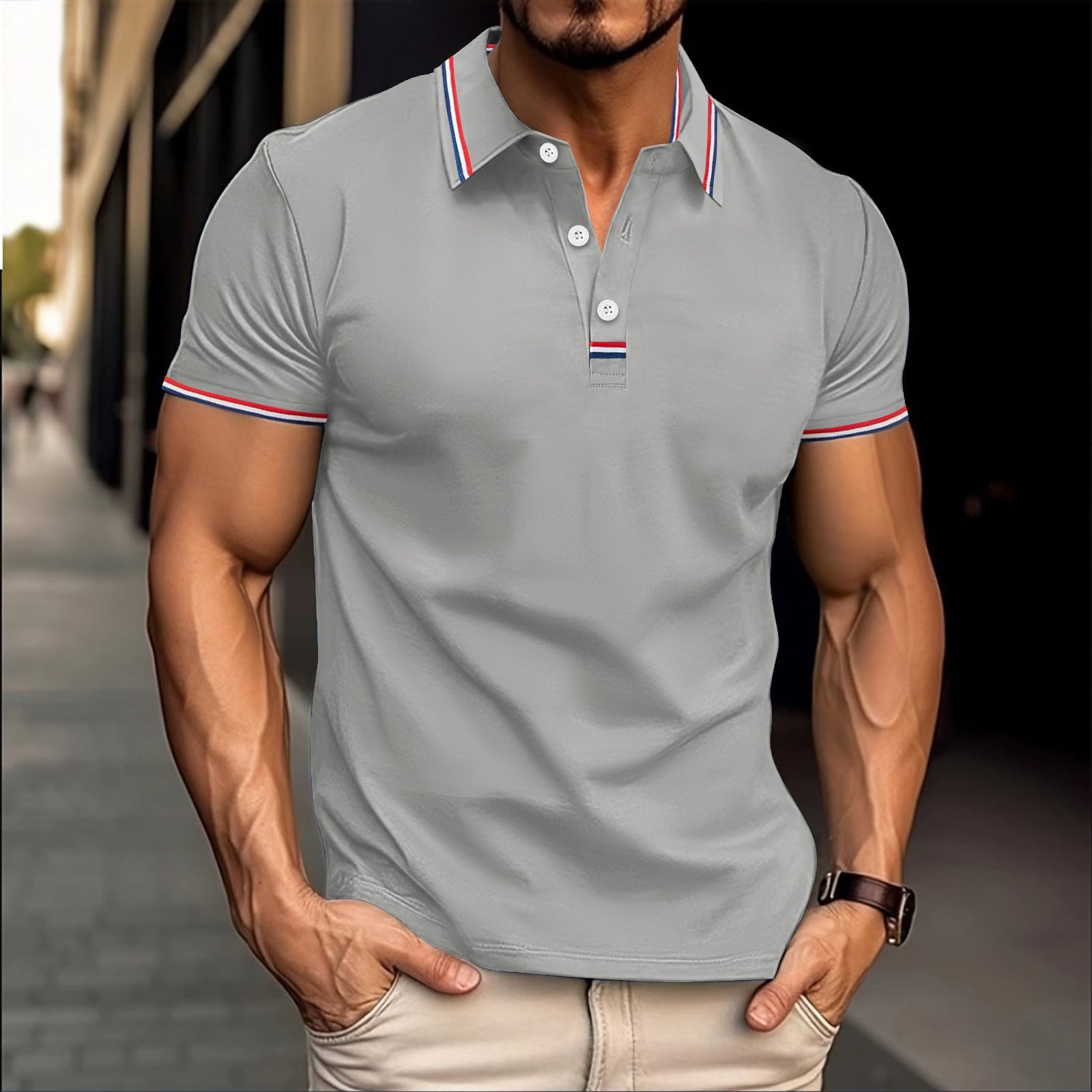 Men's slim fit cotton blend polo shirt with ribbed collar and button placket in classic style