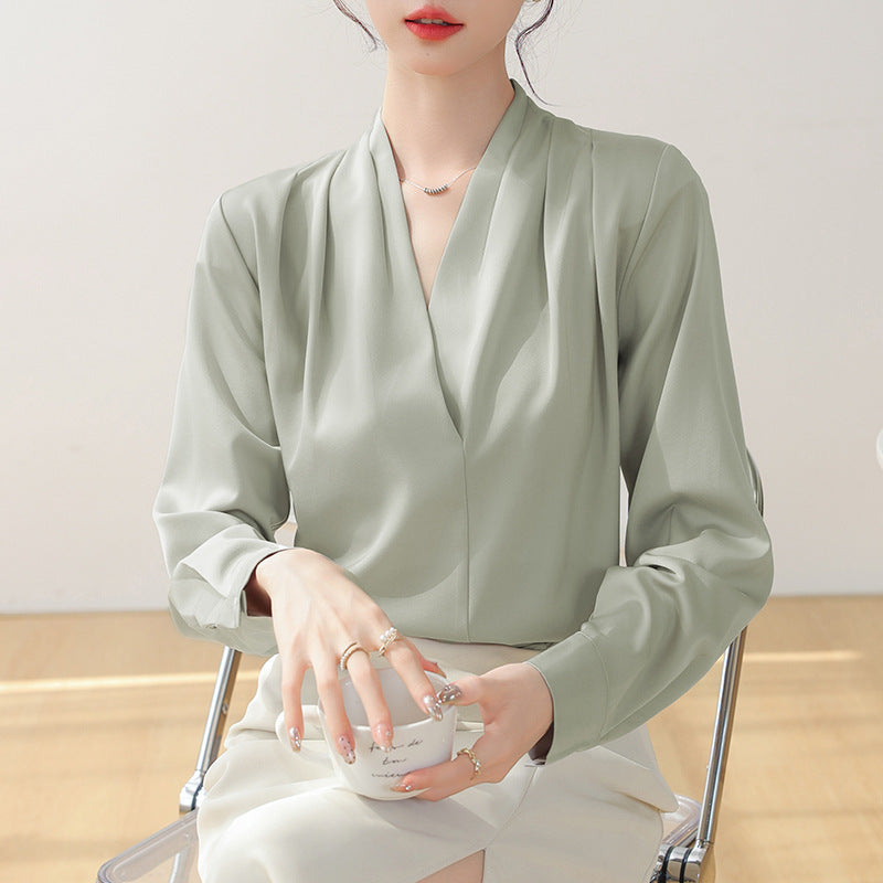 Women's ivory satin V-neck blouse slim fit long sleeve wrap pleated elegant executive style