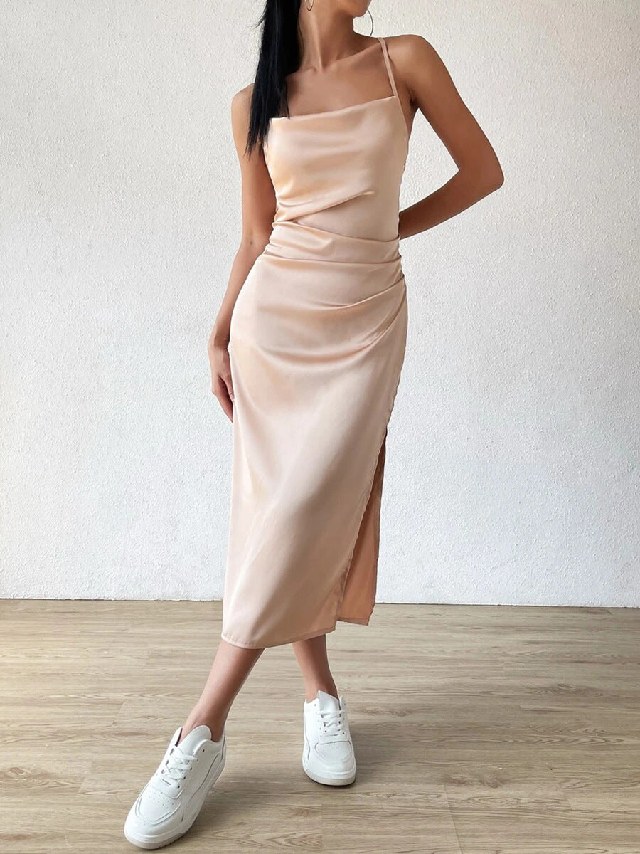 Women's satin slip midi dress with elegant tailored cut and sleek thigh-high slit detail
