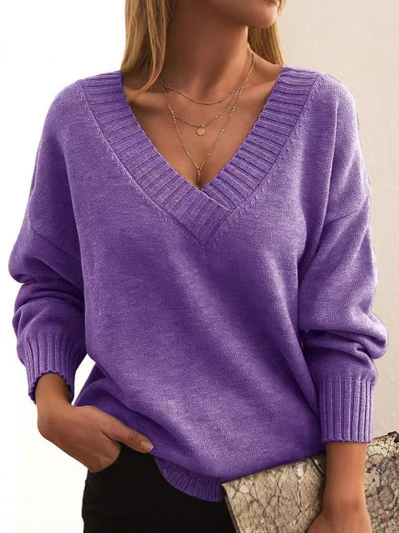 Women's beige soft knit v-neck sweater relaxed fit with ribbed cuffs cozy fall style