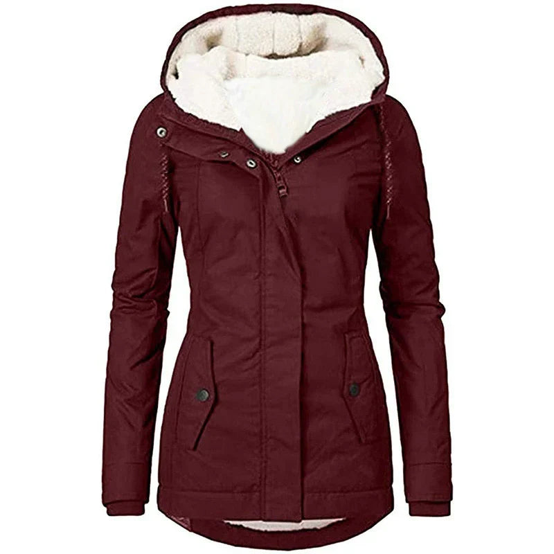 Women's hooded parka coat semi-fitted mid-thigh length with warm plush lining, weather-resistant