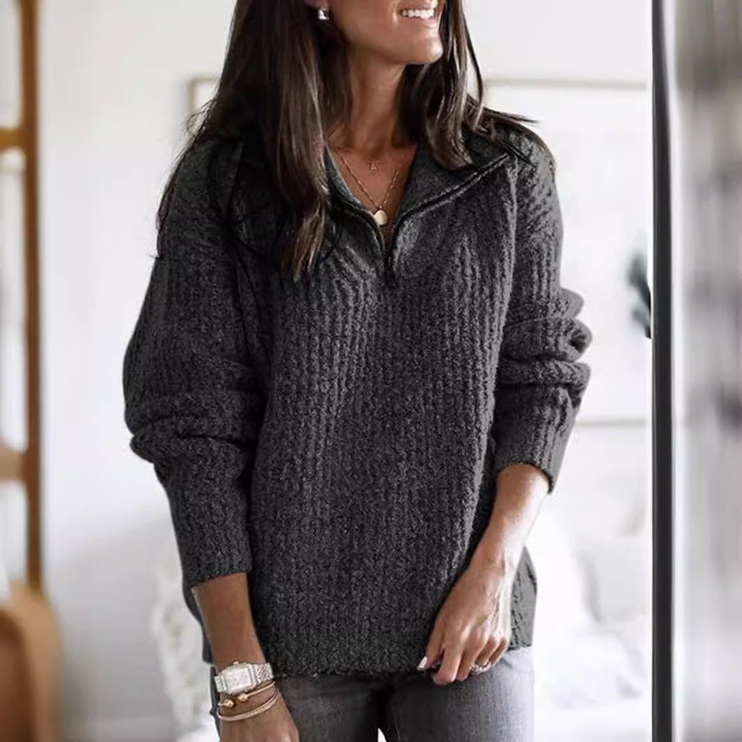 Women's ribbed knit sweater jacket relaxed fit with half-zip cozy layering piece for fall