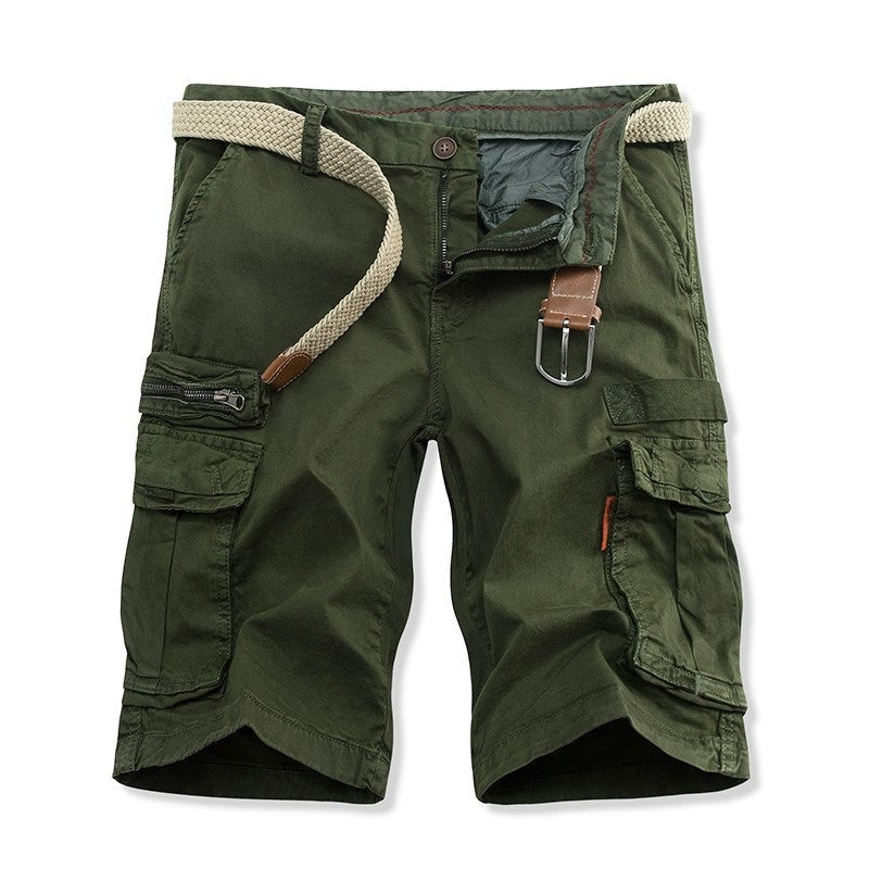 Men's relaxed-fit cargo shorts in neutral tones, breathable cotton blend with utility pockets and belt