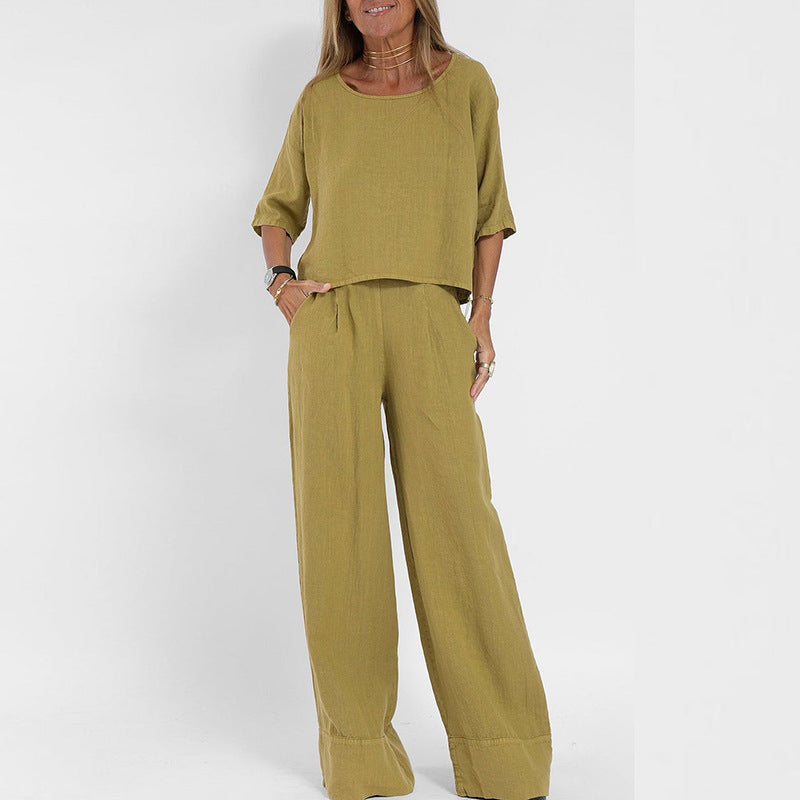 Beige relaxed-fit elegant two-piece set with flowing silhouette for effortless all-day style