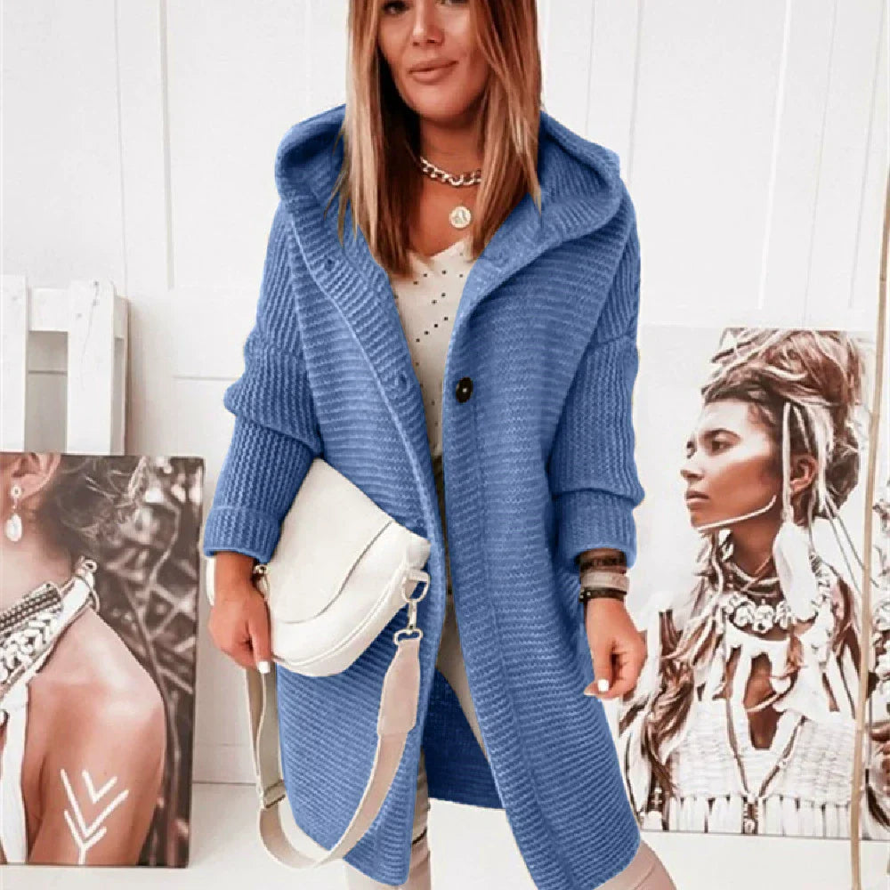Women's soft beige longline hooded cardigan ribbed knit button front cozy layering essential