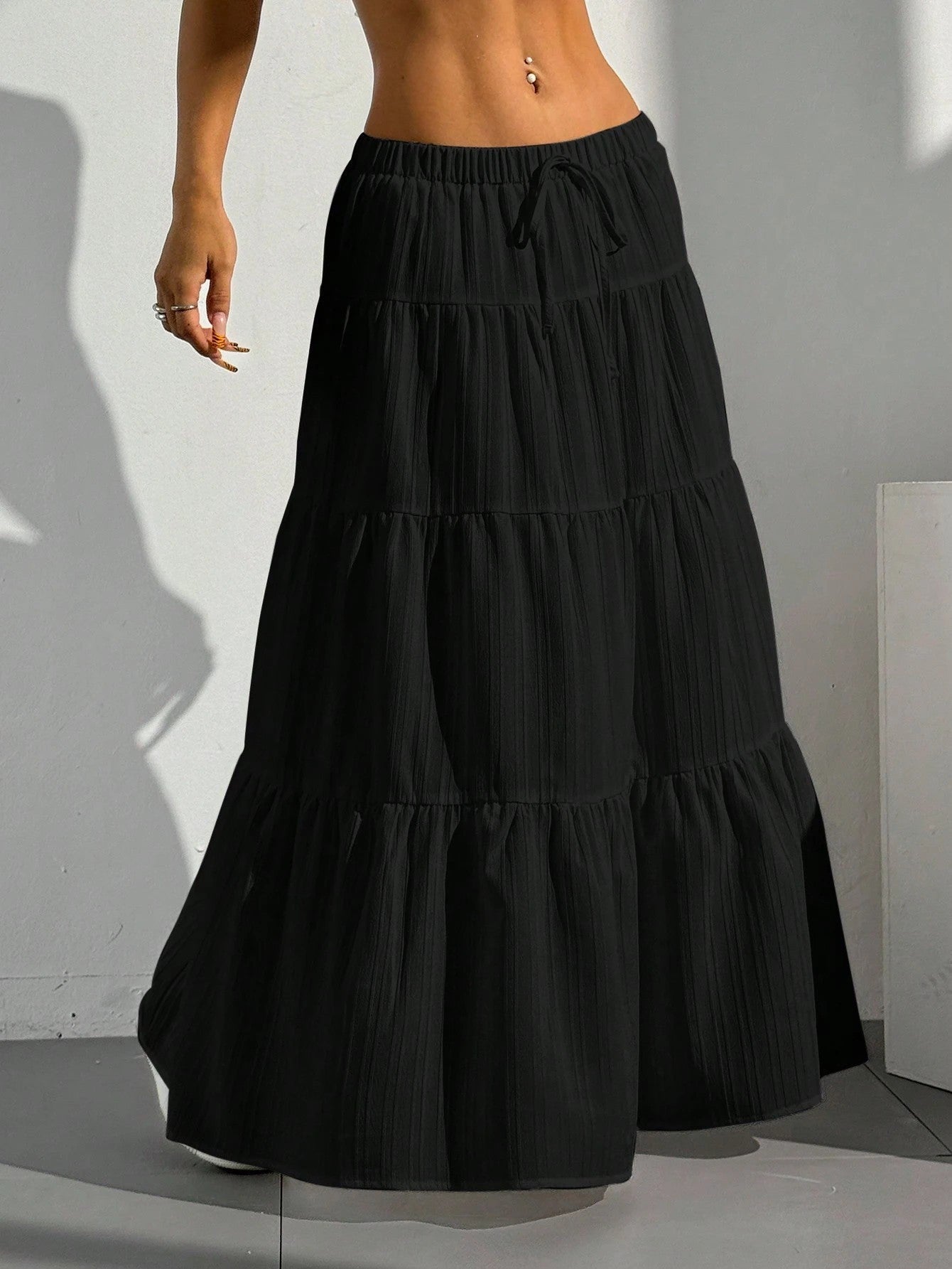 Women's beige A-line long skirt lightweight cotton blend with gathered ruffled hem bohemian style