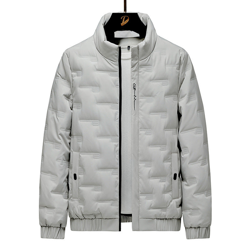 Men's light gray quilted down jacket relaxed fit stand collar hip-length lightweight winter coat