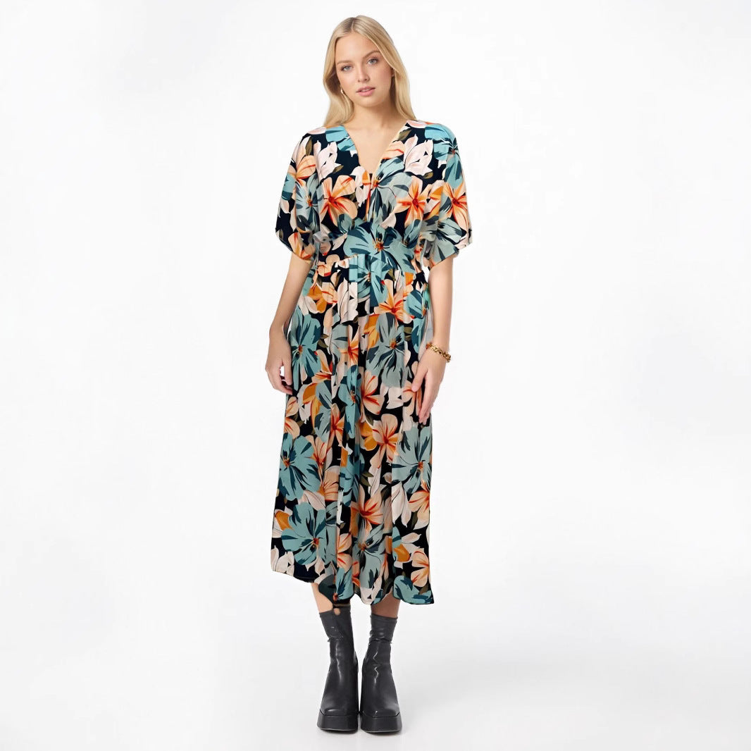 Wavlynn floral print maxi dress high waist V-neck loose fit with slit, summer cotton blend