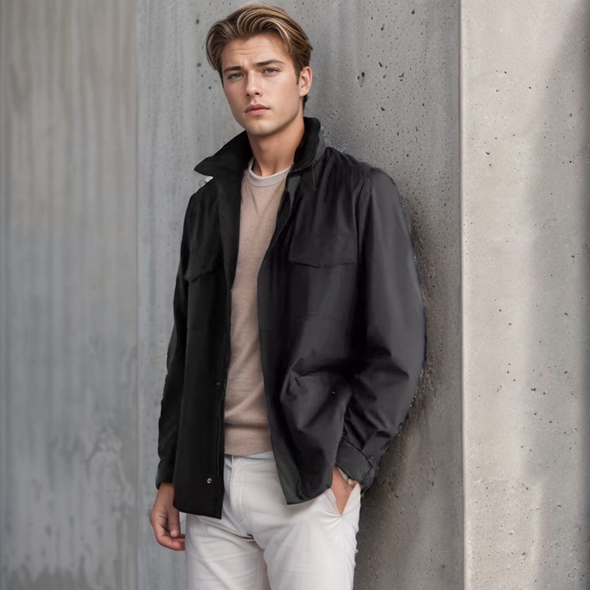 Olive-green men's relaxed fit field jacket cotton blend zip front utility pockets epaulets outdoor style