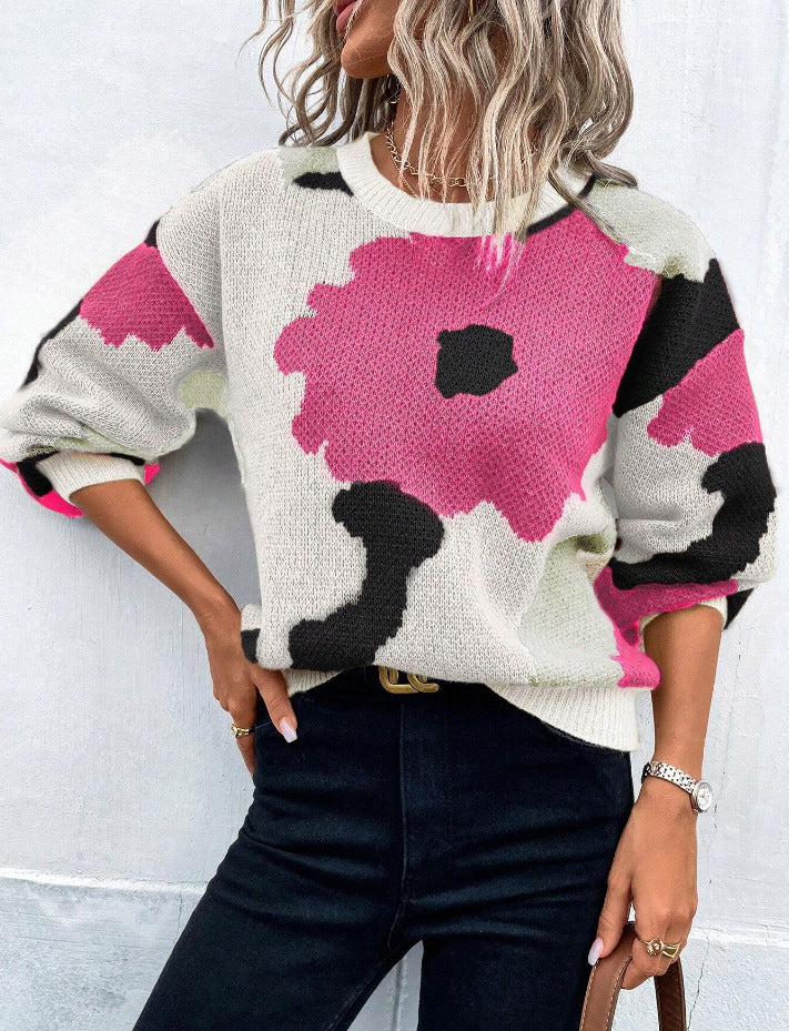 Vibrant floral print women's pullover sweater in multicolor with relaxed cozy fit and bold botanical pattern