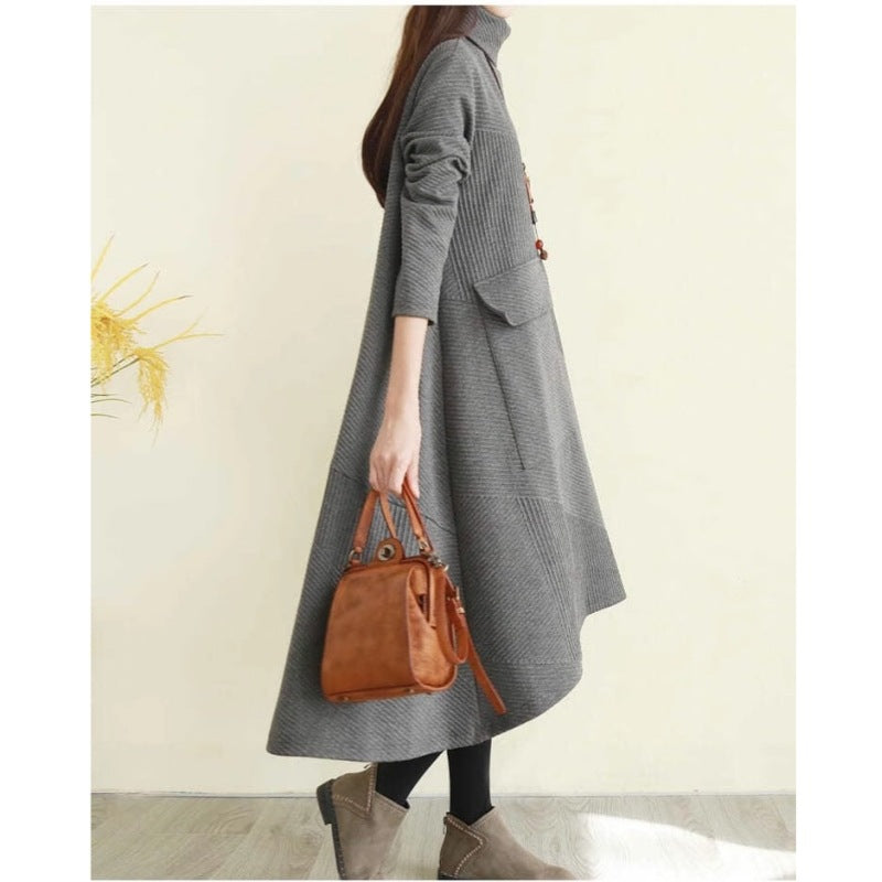 Women's camel turtleneck sweater dress, long sleeve casual loose fit with textured knit pattern
