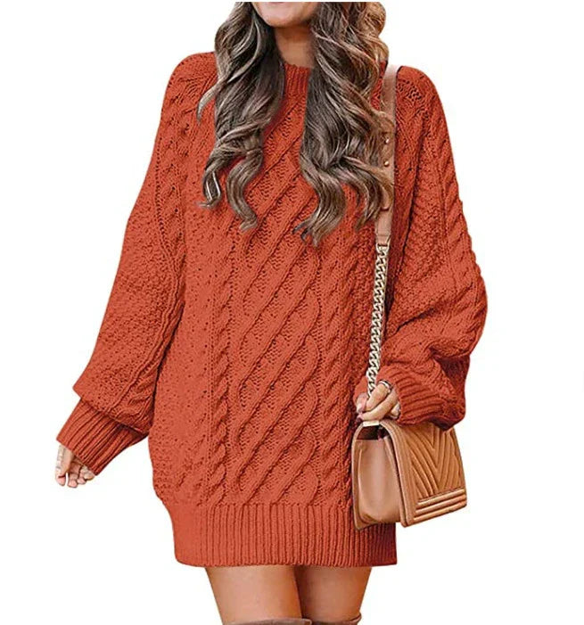 Cream cable knit oversized sweater dress wool blend mid-length long sleeve cozy chic