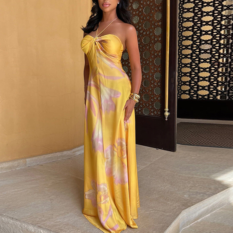 Satin look halterneck maxi dress floral print dual neckline bandeau multicolor formal gown