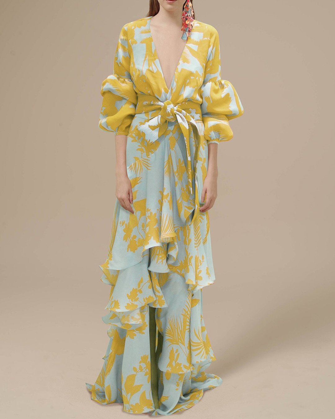Women's printed chiffon maxi dress with puff sleeves, V-neck, belted waist, and tiered ruffle skirt