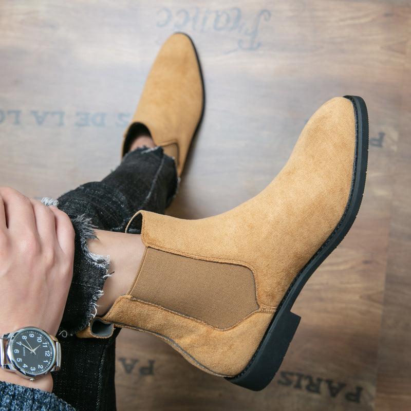 Men's burgundy suede-like Chelsea boots with elastic side panels and low block heel