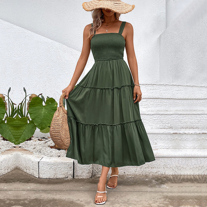 Women's sleeveless smocked bodice A-line midi dress in cotton blend with flattering warm-weather silhouette