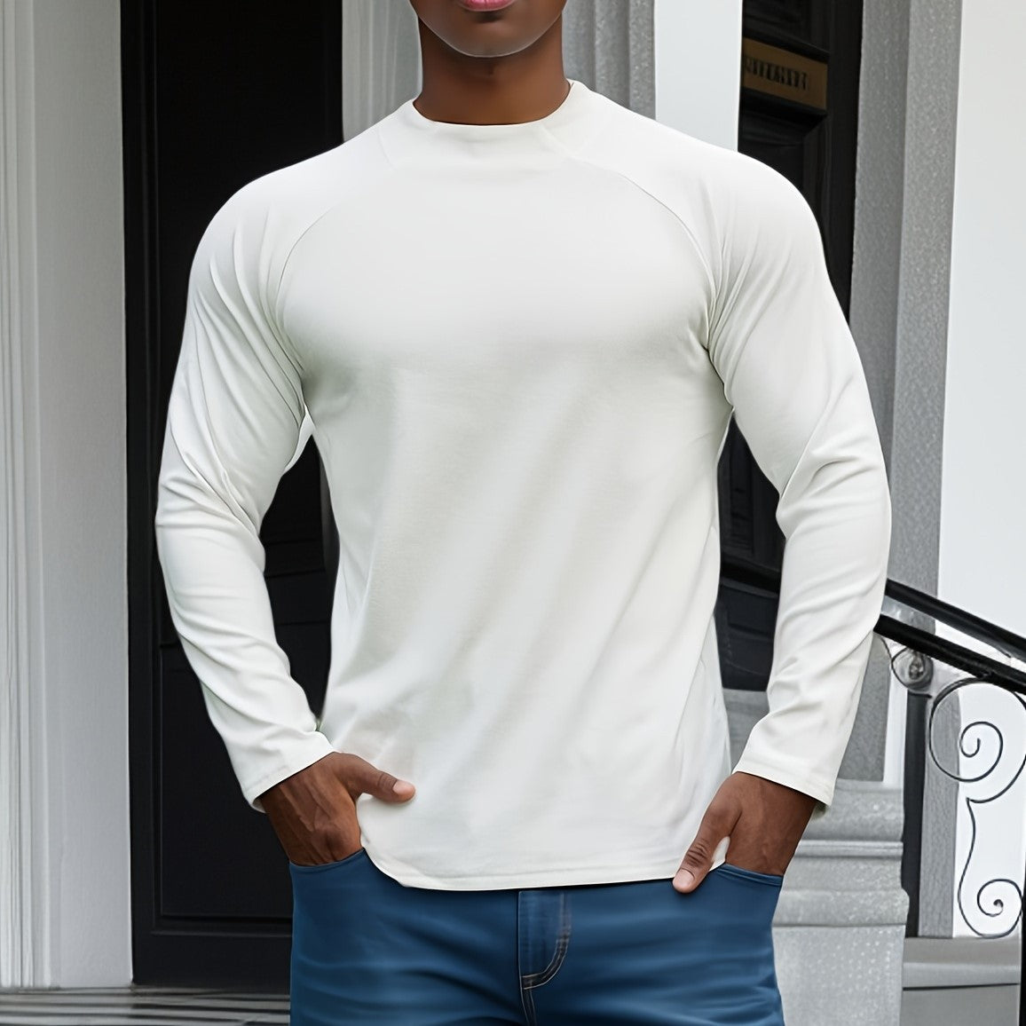 Men's slim fit long sleeve crew neck tee in soft stretch cotton with contrast raglan sleeves