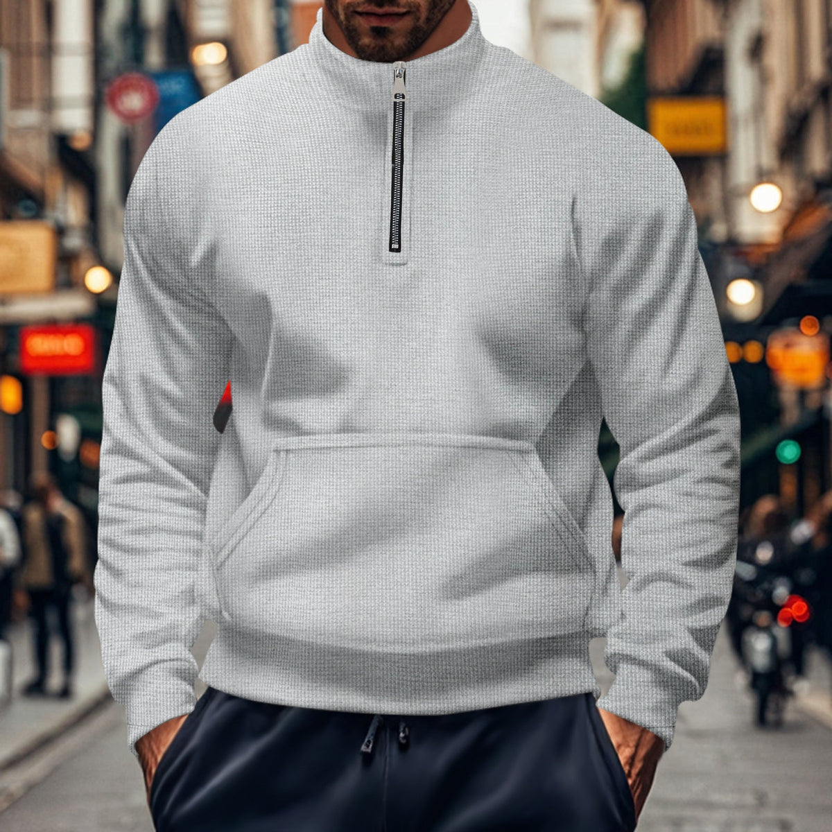 Men's relaxed fit half-zip sweatshirt with kangaroo pocket and ribbed trim cotton knit