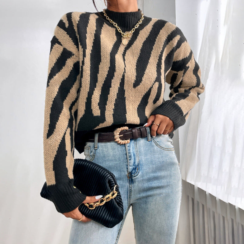 Women's relaxed-fit animal print knit sweater in neutral tones, soft wool blend cozy layering essential
