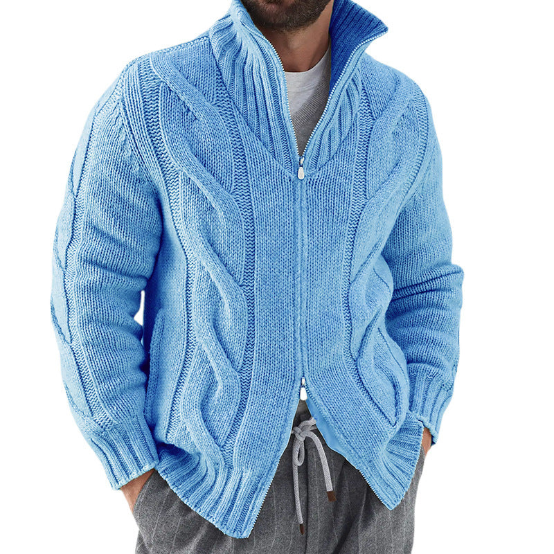 Grey men's wool blend cardigan with cable knit sleeves, zipper high neck, relaxed fit