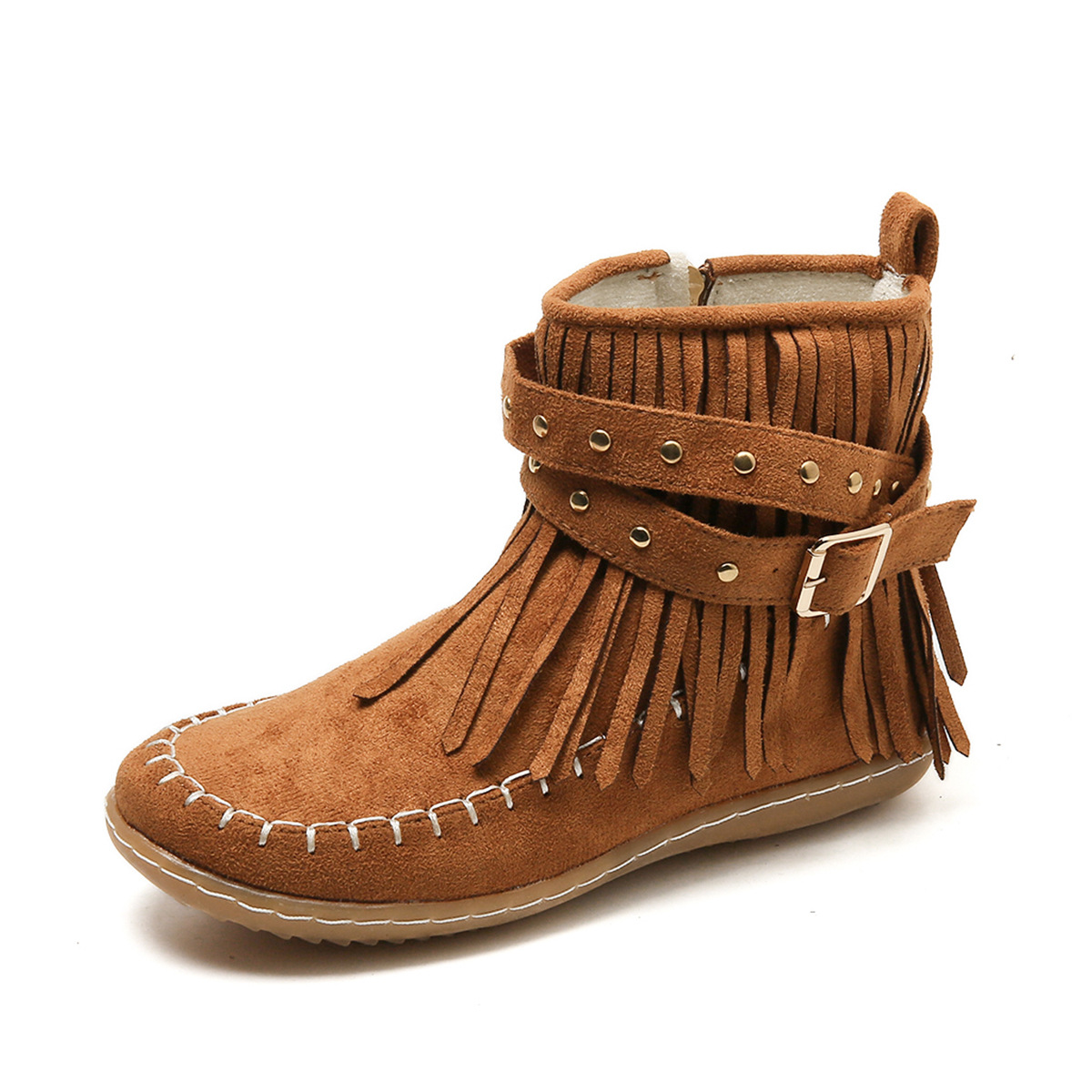 Women's boho-chic suede ankle boots with fringe detail and buckle strap in neutral tone