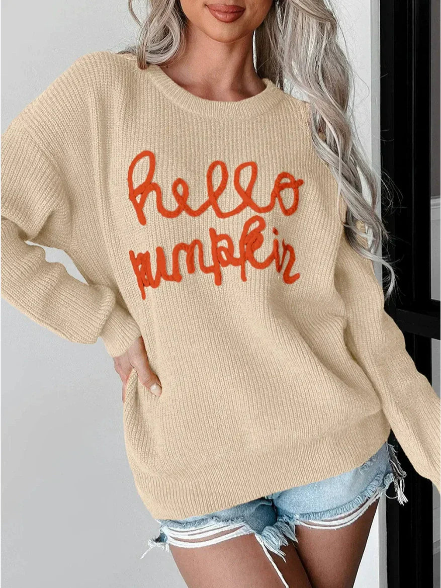 Cream relaxed-fit ribbed knit wool-blend women's sweater with subtle letter detail