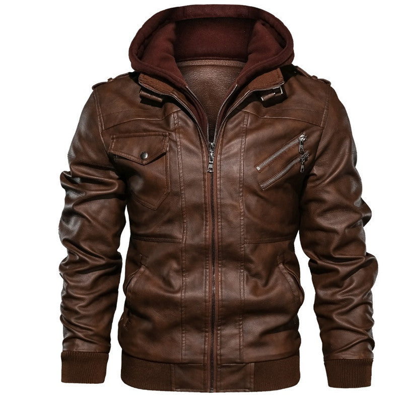 Men's slim fit black PU leather hooded bomber jacket with zipper pockets and ribbed hem