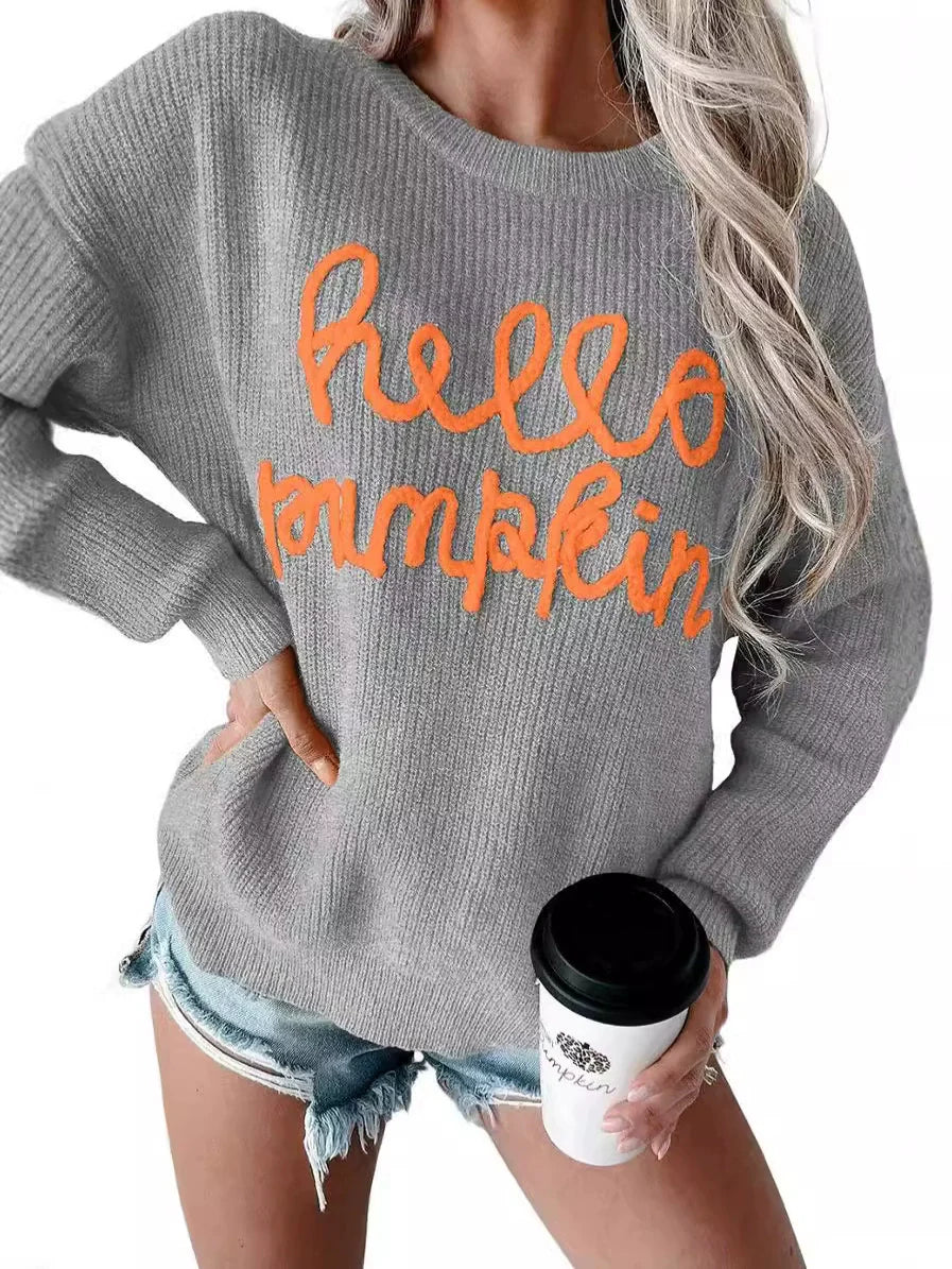 Women's relaxed fit ribbed wool blend sweater with subtle letter detail, cozy everyday style