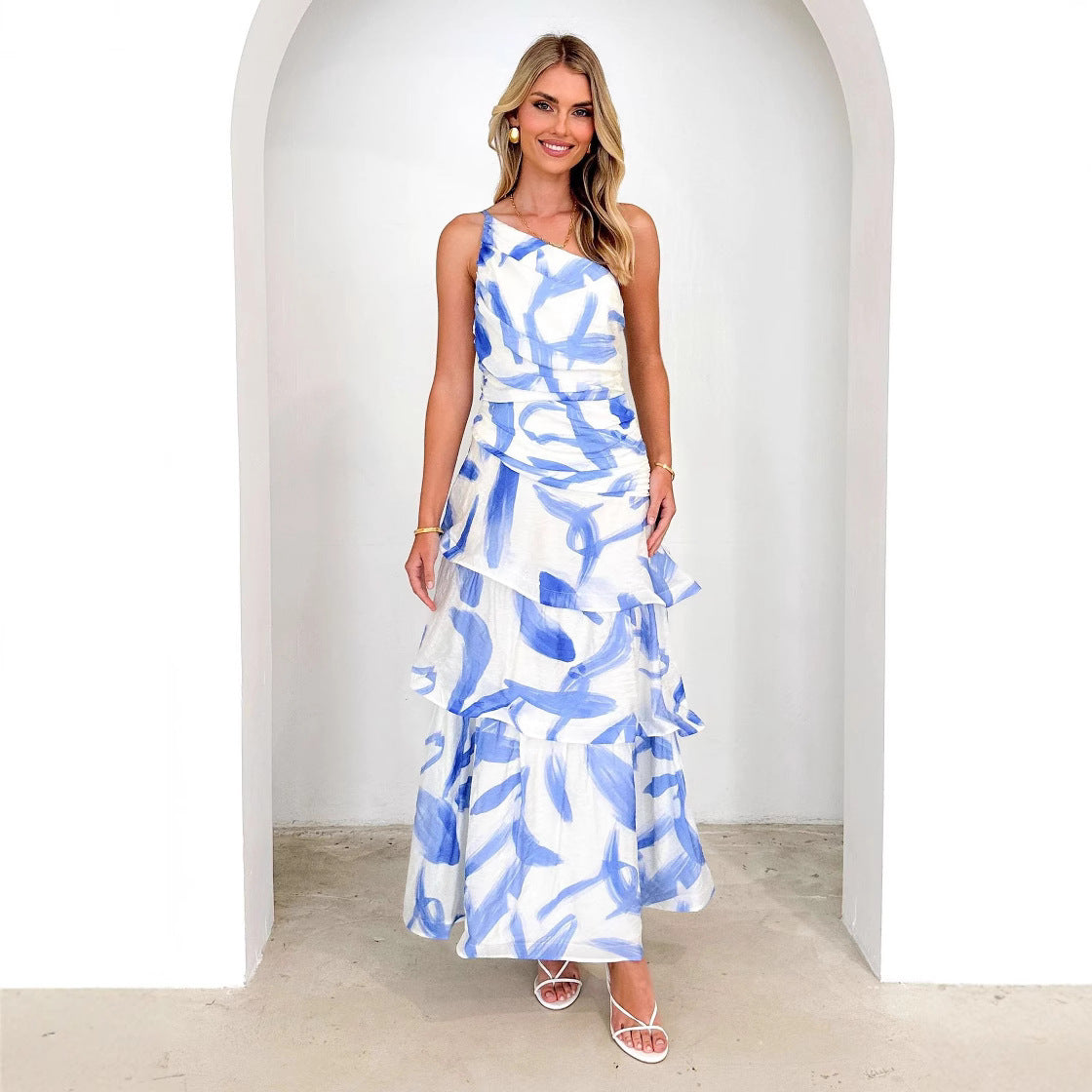 Wavlynn women's maxi dress one-shoulder ruched bodice tiered A-line skirt elegant summer wear