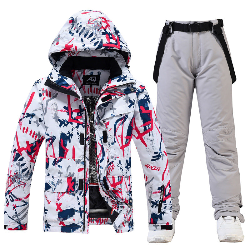 Men's relaxed fit two-piece ski suit with hooded jacket and suspender snow pants water resistant