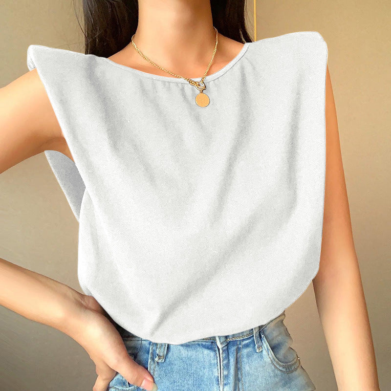 Women's relaxed-fit white short sleeve top with extended shoulders in lightweight cotton blend